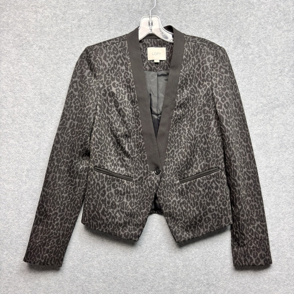 Ann Taylor LOFT Blazer Jacket Size 0 Black Gray Animal Print Leopard‎ Fitted